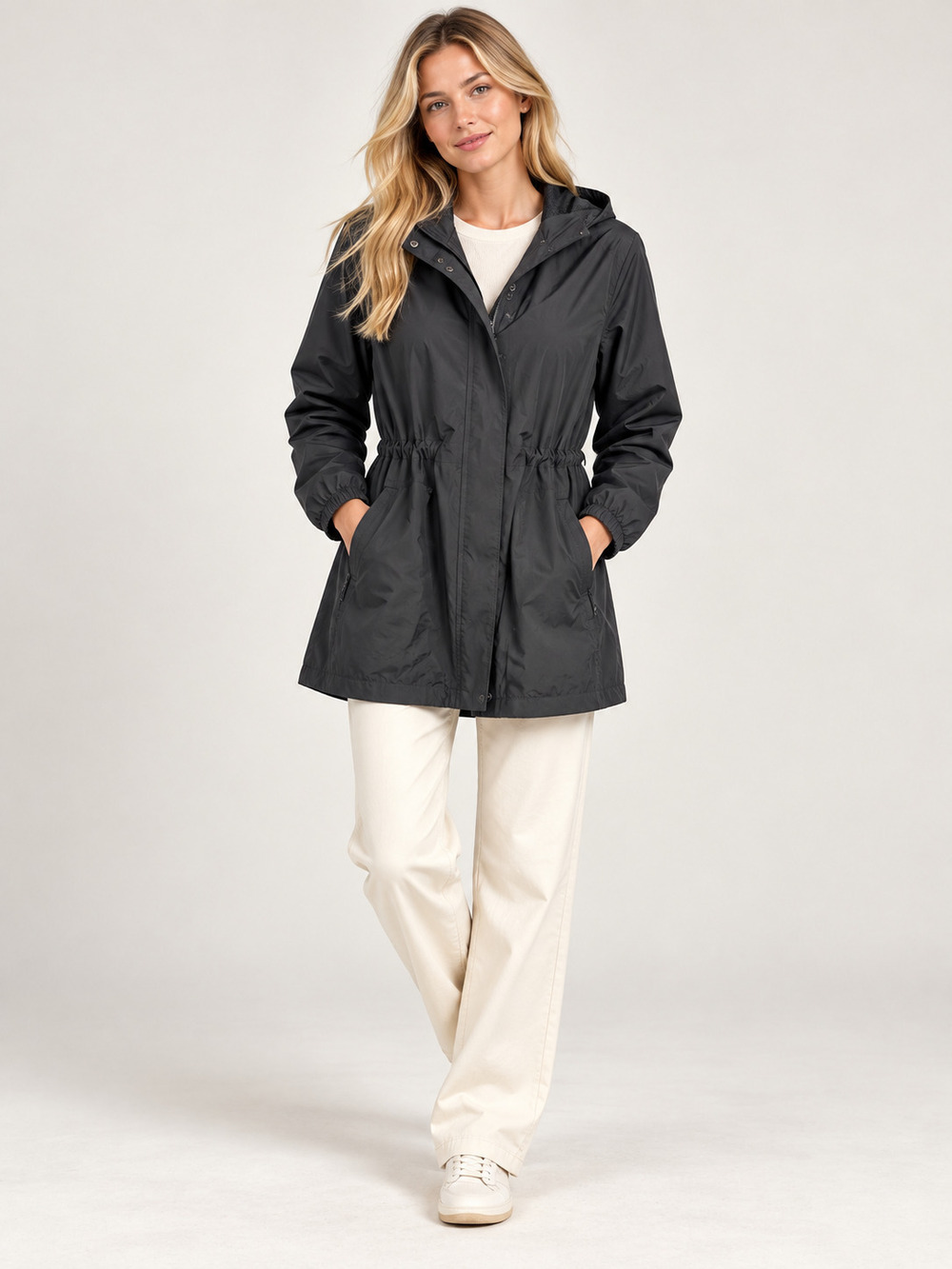 Lands' End Hooded Jacket Black Drawstring Waist XS #A4872